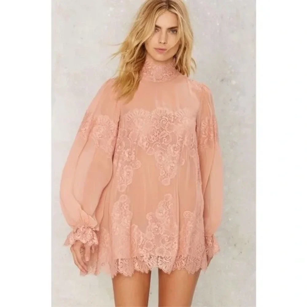 HAH Dusty Rose Pink Lace Trim Blouse Sheer Cover up Romantic‎ Lightweight Medium